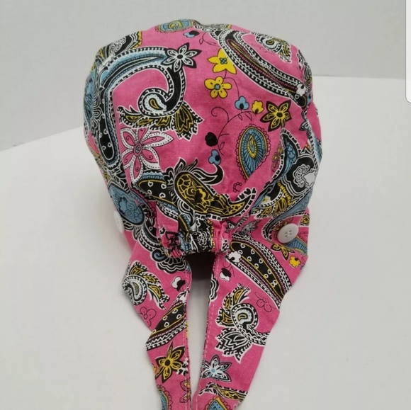 Pink Paisley Ponytail Scrub Cap Ear Saver Buttons - Picture 3 of 8